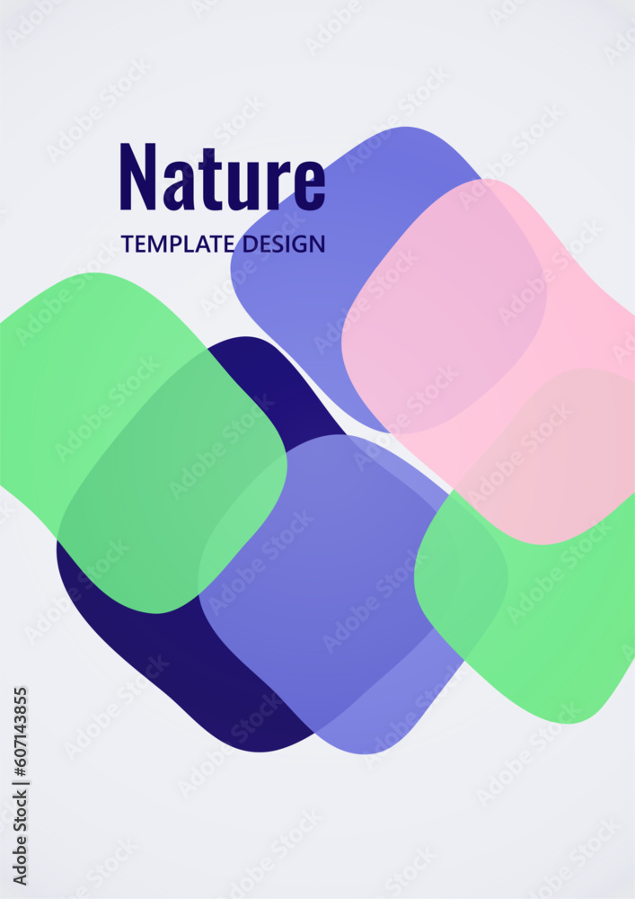 Poster geometric composition with a transparent overlay of colored rounded, square shapes. vector.