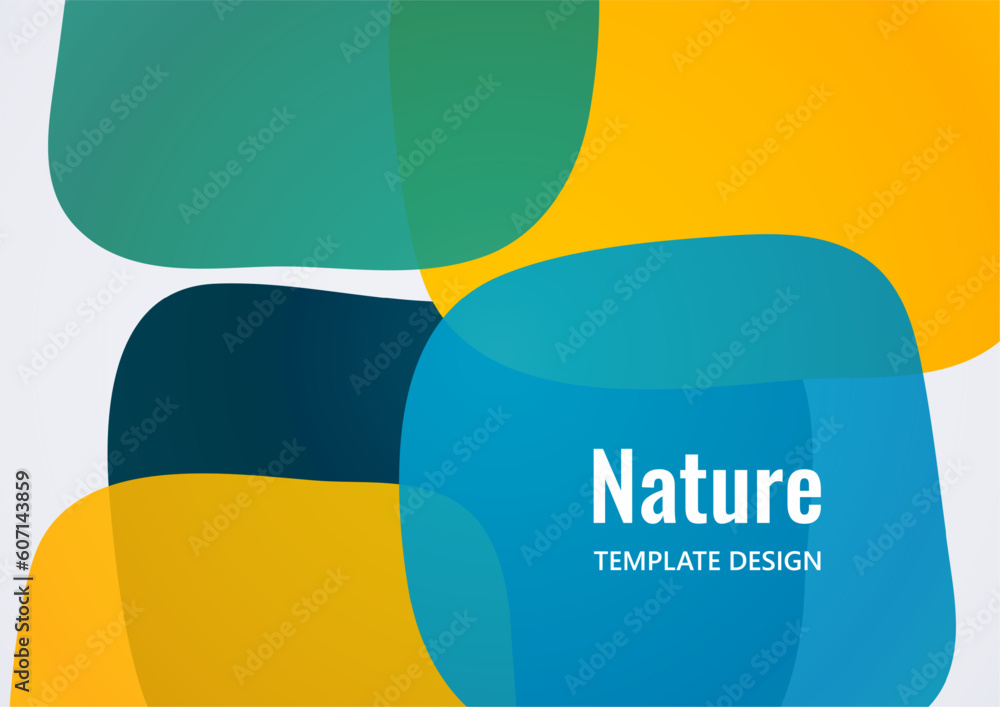 Poster geometric composition with a transparent overlay of colored rounded, square shapes. vector.