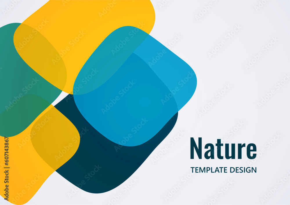 Poster geometric composition with a transparent overlay of colored rounded, square shapes. vector.