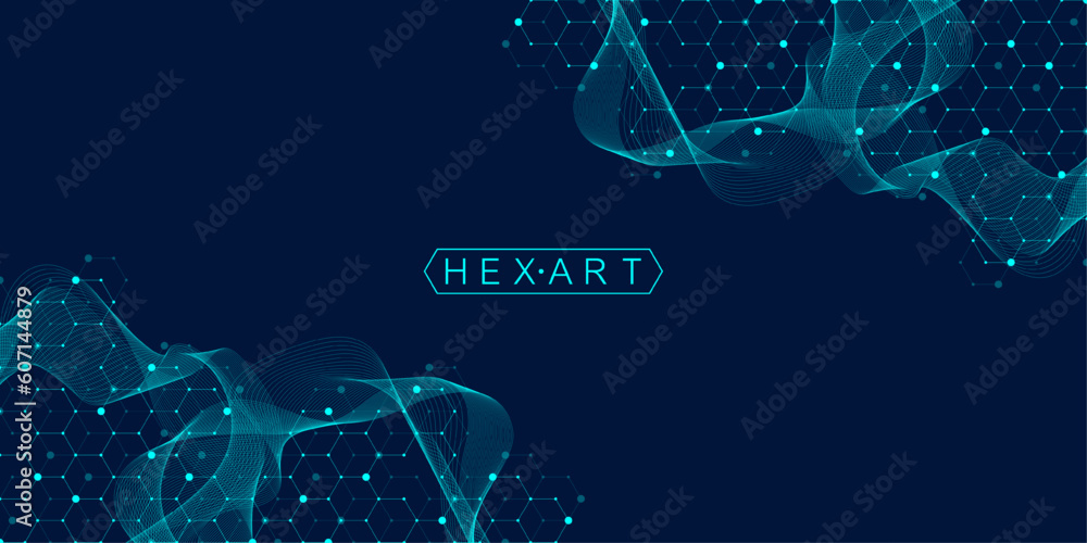 Leinwandbilder Technology abstract lines and dots connect background with hexagons. Hexagons connection digital data and big data concept. Hex digital data visualization. Vector illustration