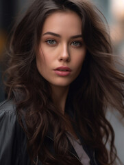 Fototapeta premium Portrait of beautiful american woman smiling. Outdoor portrait of a smiling long-haired girl. Happy cheerful girl laughing at park. AI generative