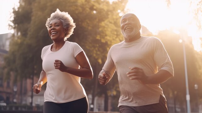 Old black couple morning jogging in park sunlight, smiling man and woman runs early morning on park walkway, healthy lifestyle concept, advanced age black couple active in sports, generative AI