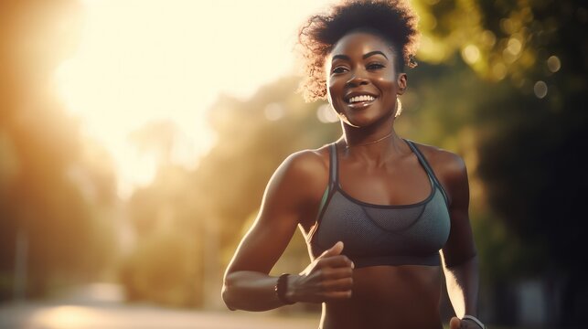 Happy black woman jogging in morning park sunlight, portrait of running sportswoman early morning on park walkway, healthy lifestyle concept, attractive black female active in sports, generative AI