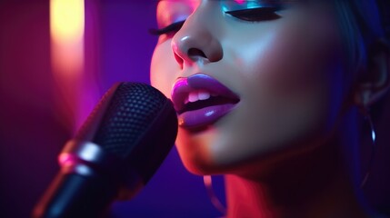 Close up singer woman sing song to microphone on stage, attractive singer performs on stage with song, talent competition concept, close up female vocalist singer holds microphone, generative AI