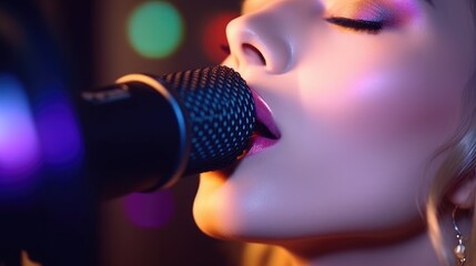Close up singer woman sing song to microphone on stage, attractive singer performs on stage with song, talent competition concept, close up female vocalist singer holds microphone, generative AI