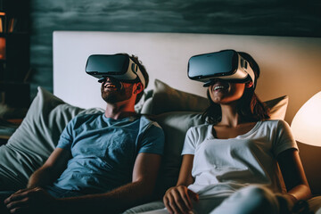 Obraz na płótnie Canvas mid age Couple in bed smiling with a virtual reality mask
