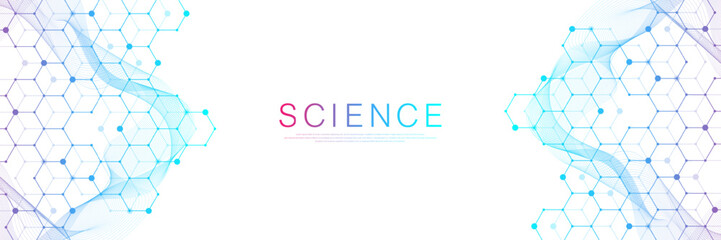 Molecular abstract structure and genetic engineering DNA. Healthcare and medicine background concept. Scientific research background. Wave flow. Innovation pattern. Vector illustration.