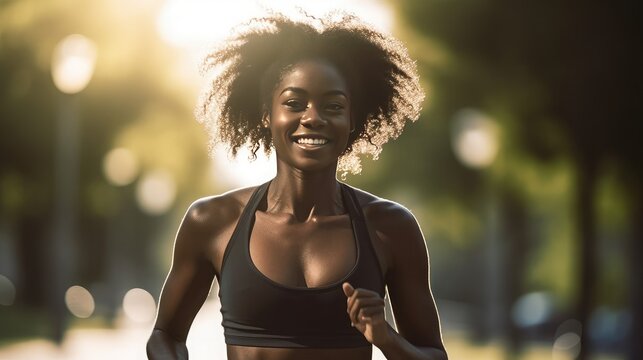 Happy black woman jogging in morning park sunlight, portrait of running sportswoman early morning on park walkway, healthy lifestyle concept, attractive black female active in sports, generative AI
