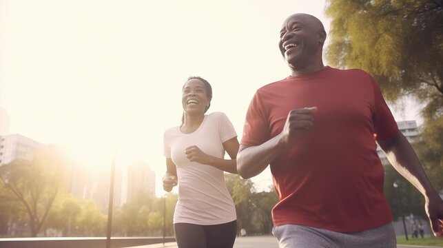 Old Black Couple Morning Jogging In Park Sunlight, Smiling Man And Woman Runs Early Morning On Park Walkway, Healthy Lifestyle Concept, Advanced Age Black Couple Active In Sports, Generative AI