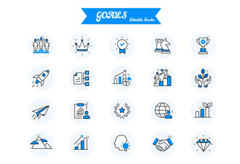 A collection of Goal Setting Icons with hand-drawn touche. Various concepts Objectives, Aspirations, Targets, Ambitions, Aims, Intentions, Resolutions, Pursuits, Dreams, Desires, and more.