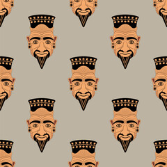 Seamless ethnic pattern with ancient Etruscan masks. Head of Harun. Vase painting style. Portrait of a wrinkled man with Goatee beard. On light grey background.