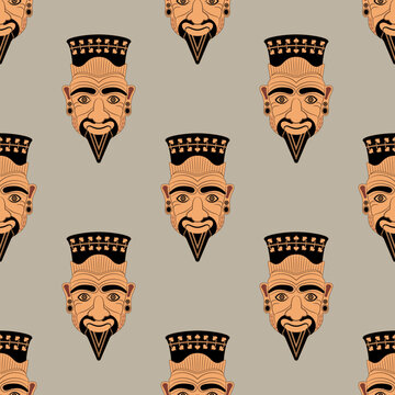Seamless ethnic pattern with ancient Etruscan masks. Head of Harun. Vase painting style. Portrait of a wrinkled man with Goatee beard. On light grey background.