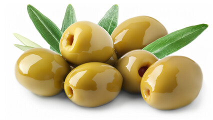 Green olives with leaves isolated on white background
