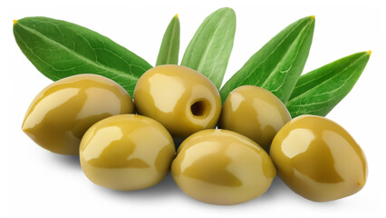 Green olives with leaves isolated on white background