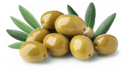 Green olives with leaves isolated on white background