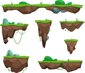Game ground. 2d island with ground and grass wild bushes exact vector fantasy cartoon landscape assets