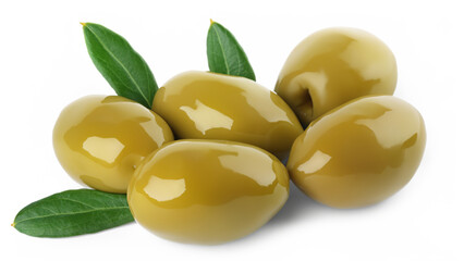 Green olives with leaves isolated on white background