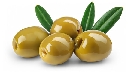 Green olives with leaves isolated on white background