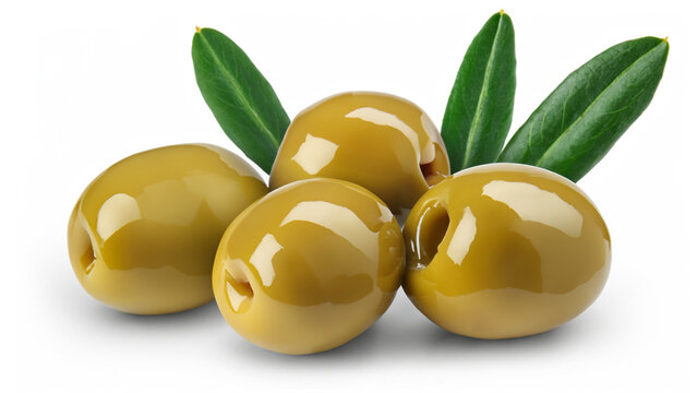 Green olives with leaves isolated on white background - Powered by Adobe