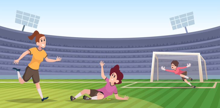 Soccer. Cartoon sport female players football activity exact vector cartoon background