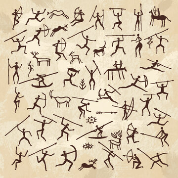 Caveman pictures. Wall paintings symbols of prehistoric period recent vector ancient primitive pictures