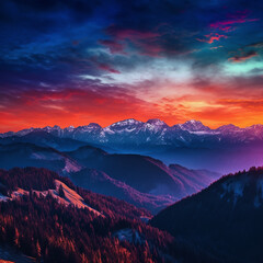 Góry czerwień i zachód słońca