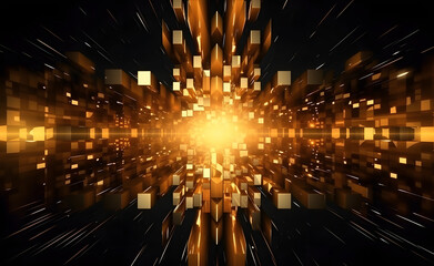 Gilded Pixel Glow: A black background comes alive with golden light-emitting pixels radiating from a central circular point. Experience the captivating blend of cubo-futurism and bokeh panorama.