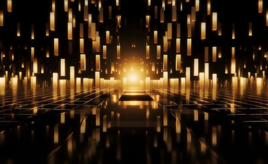 Cubo-Futuristic Circles: Golden circular forms with bubbles on a black background. Embrace the mesmerizing fusion of cubo-futurism, evoking a captivating visual symphony. 