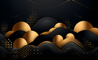 Golden Circle Abstraction: Luxurious black background adorned with captivating golden circles. A minimalistic landscape-style artwork that exudes boldness and captivates with its captivating allure