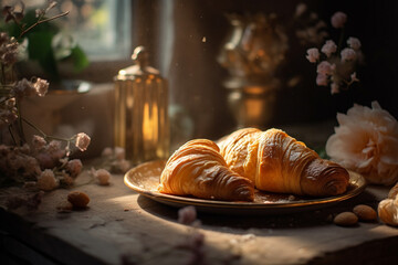 Breakfast croissant closeup in rustic composition at sunny morning light. Generative AI
