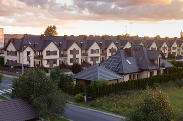 Sunset Over European Cottage Town: Aerial View