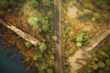 Deforestation concept, aerial drone view of damaged forest. Generative AI
