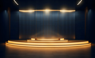Spotlit Stage: Dark room illuminated by spotlights. Light navy and light gold hues create a captivating panorama. Contest-winning design with rounded elements, infused with mingei art. Dark bronze and