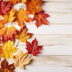 Autumn Leaves on White Wooden Table with Vintage Textured Background, generative AI