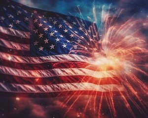 Fireworks illustration with American flag on background. AI generation
