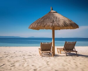 Chairs And Umbrella In Tropical Beach. Beautiful tranquil white sand beach with two beach chair and thatched umbrella with copy space. AI generated