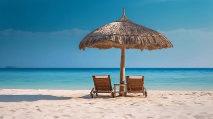 Chairs And Umbrella In Tropical Beach. Beautiful tranquil white sand beach with two beach chair and thatched umbrella with copy space. AI generated