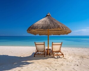 Chairs And Umbrella In Tropical Beach. Beautiful tranquil white sand beach with two beach chair and thatched umbrella with copy space. AI generated