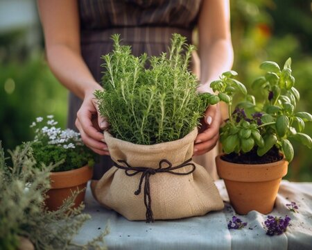 Gardener's hands holding a pot with fresh organic herbs, ai generation