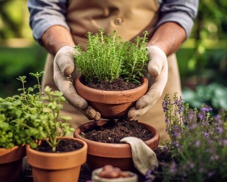 Gardener's hands holding a pot with fresh organic herbs, ai generation