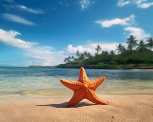 Obraz na płótnie Canvas Tropical beach with sea star on sand , summer background. Conch shell on beach with waves. Copy space. Ai generative