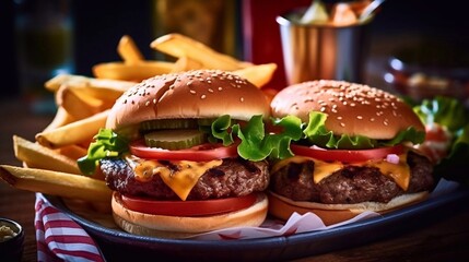  Burgers, french fries and snacks on a plate on wooden background, top view.  Celebrating Independence Day, July 4. Traditional American Memorial Day, Patriotic Picnic with AI generation