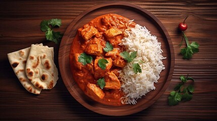 Traditional Indian dish Chicken tikka masala with spicy curry meat in bowl, basmati rice, bread naan on wooden dark background, top view, close up. Indian style dinner from above  - obrazy, fototapety, plakaty