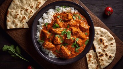 Traditional Indian dish Chicken tikka masala with spicy curry meat in bowl, basmati rice, bread naan on wooden dark background, top view, close up. Indian style dinner from above 
