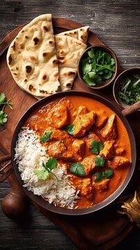 Traditional Indian dish Chicken tikka masala with spicy curry meat in bowl, basmati rice, bread naan on wooden dark background, top view, close up. Indian style dinner from above 