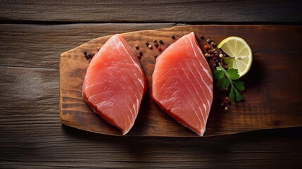 Tuna fillet with spices, lemon and herbs on wood cutting board, top view. AI generated