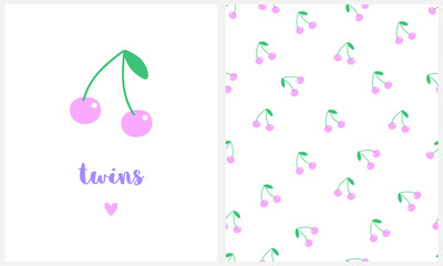 Baby Shower Card.Twins. Cute Cherries Seamless Vector Patterns. Pink Cherry with Green Leaves Isolated on a White Background. Lovely Nursery Art Ideal for Card, Wrapping Paper. Funny Fruits Print.