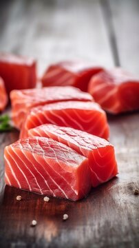 Tuna fillet on wooden background, top view. AI generated