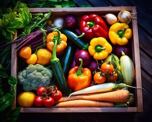 Assortment of fresh vegetables. Wooden boxes full of healthy food. AI generated