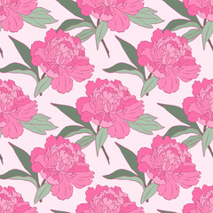 Pattern with large peonies in vintage style. Pink and green colors. Contour. Pale pink background. For textiles, postcards, fashion, wrapping paper, wallpaper